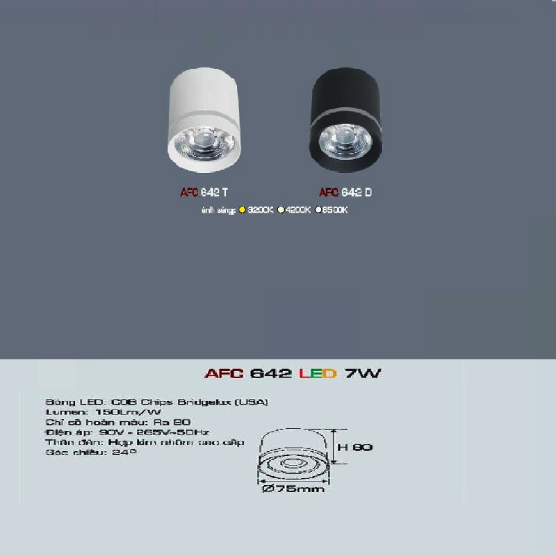 AFC 642 LED 7W: Đèn lon LED gắn nổi  vhie61u điểm (vỏ đen /Trắng) 7W - KT: Ø75mm x H80mm - Ánh sáng Trắng/vàng/Trung tính