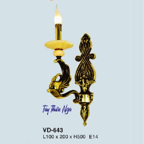 E - VD - 643: Đèn vách đồng đơn chén đá, tay đèn đúc hình thiên nga - KT: L100mm x W200mm x H500mm - Đèn chân E14 x 1 bóng