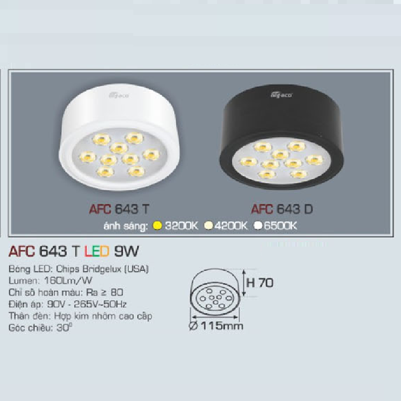 AFC 643 LED 9W: Đèn LED chiếu điểm gắn nổi 9W, 1 chế độ ánh sáng ( vàng/trung tính/trắng)