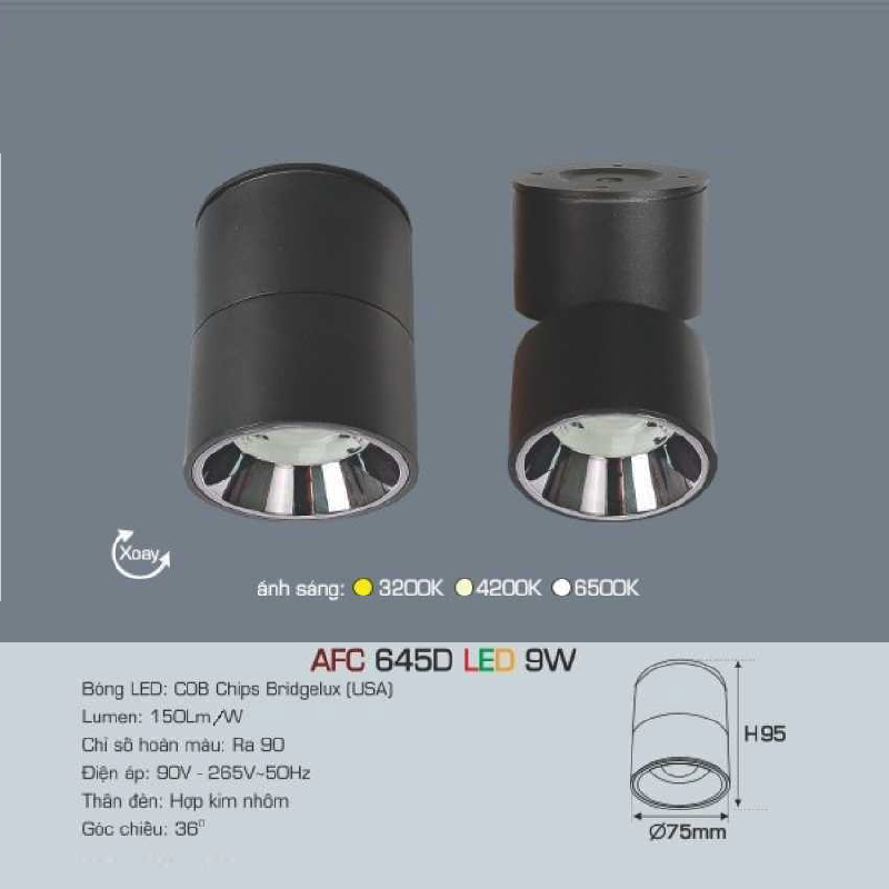 AFC 645D LED 9W: Đèn lon LED chiếu điểm gắn nổi 9W - KT: Ø75mm x H95mm - Ánh sáng Trắng/vàng/Trung tính