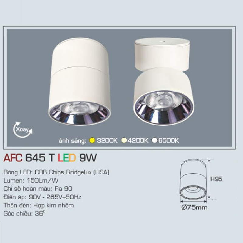 AFC 645 T LED 9W: Đèn lon LED chiếu điểm gắn nổi xoay góc 9W,  1 chế độ ánh sáng (vàng/trung tính/trắng