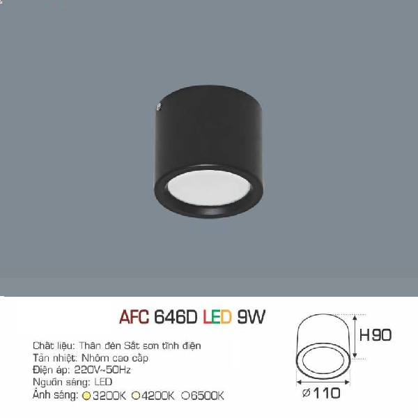 AFC 646D LED 12W: Đèn lon LED gắn nổi vỏ đen 12W - KT: Ø140mm x H97mm - Đèn LED ánh sáng trắng /vàng/trung tính