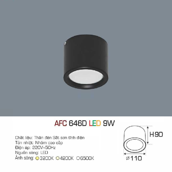 AFC 646D LED 9W: Đèn lon LED gắn nổi vỏ đen 9W - KT: Ø110mm x H90mm - Đèn LED ánh sáng trắng /vàng/trung tính