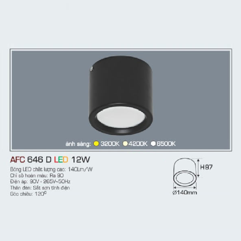 AFC 646D LED 12W: Đèn lon LED gắn nổi vỏ đen 12W, 1 chế độ ánh sáng (vàng/trung tính/trắng)