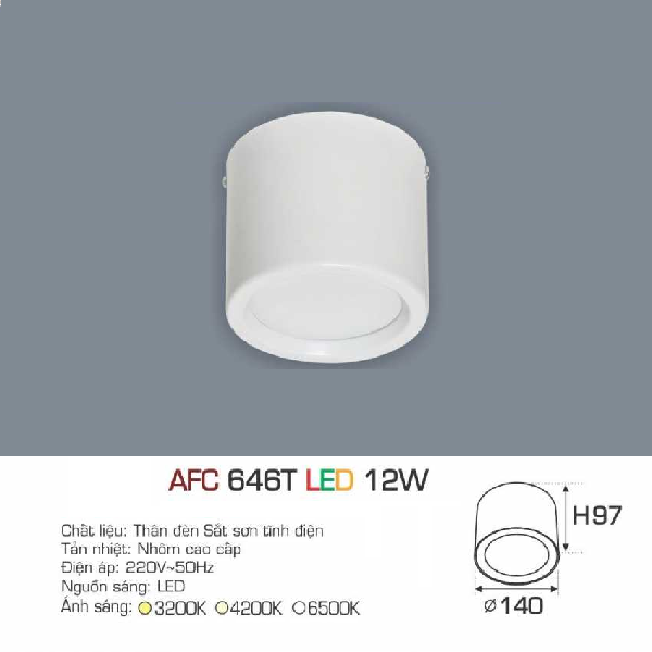 AFC 646T LED 12W: Đèn lon LED gắn nổi 12W - KT: Ø140mm x H97mm - Đèn LED ánh sáng trắng /vàng/trung tính