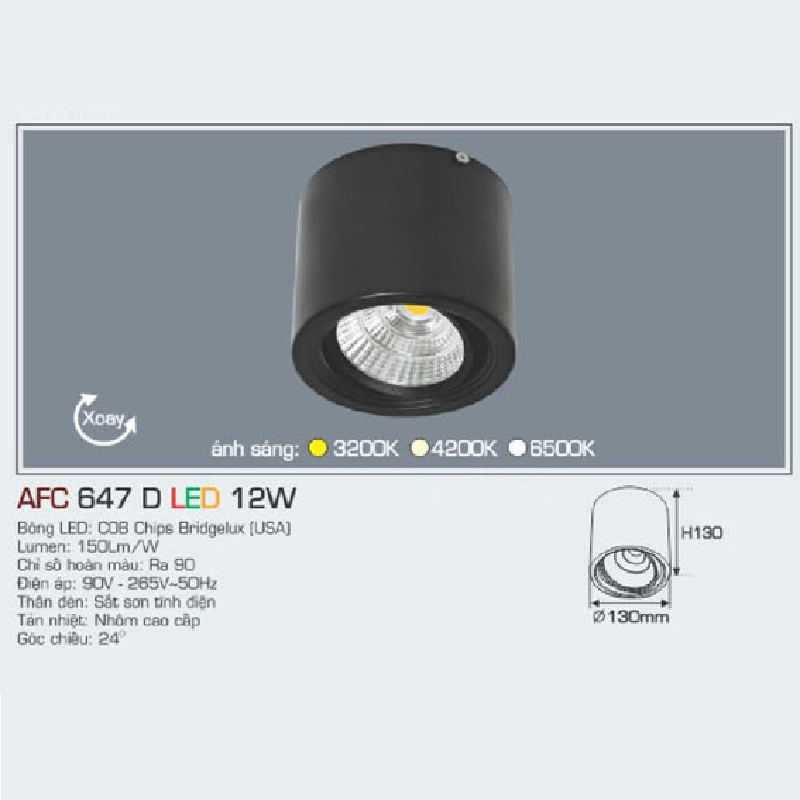 AFC 647 D LED 12W: Đèn lon LED chiếu điểm gắn nổi 12W, 1 chế độ ánh sáng (vàng/trung tính/trắng)