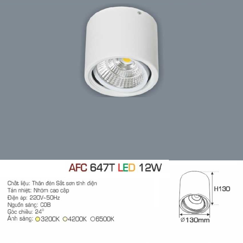AFC 647 T LED 12W: Đèn lon LED chiếu điểm gắn nổi  12W - KT: Ø130mm x H130mm - Ánh sáng Trắng/vàng/Trung tính