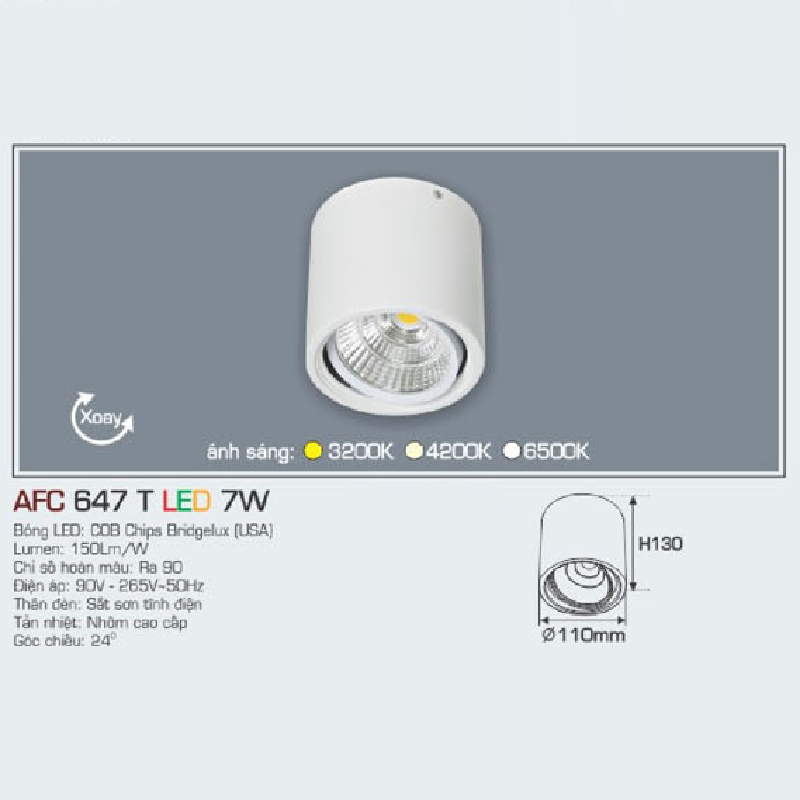 AFC 647 T LED 7W: Đèn lon LED chiếu điểm gắn nổi 7W,1 chế độ ánh sáng (vàng/trung tính/trắng)