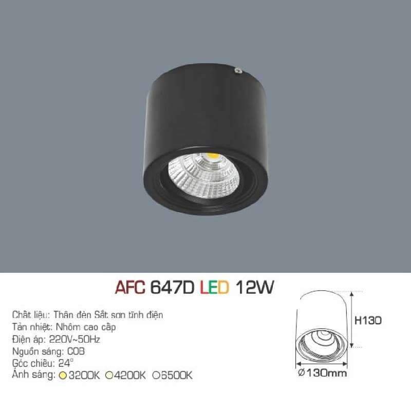 AFC 647D LED 12W: Đèn lon LED chiếu điểm gắn nổi  12W - KT: Ø130mm x H130mm - Ánh sáng Trắng/vàng/Trung tính
