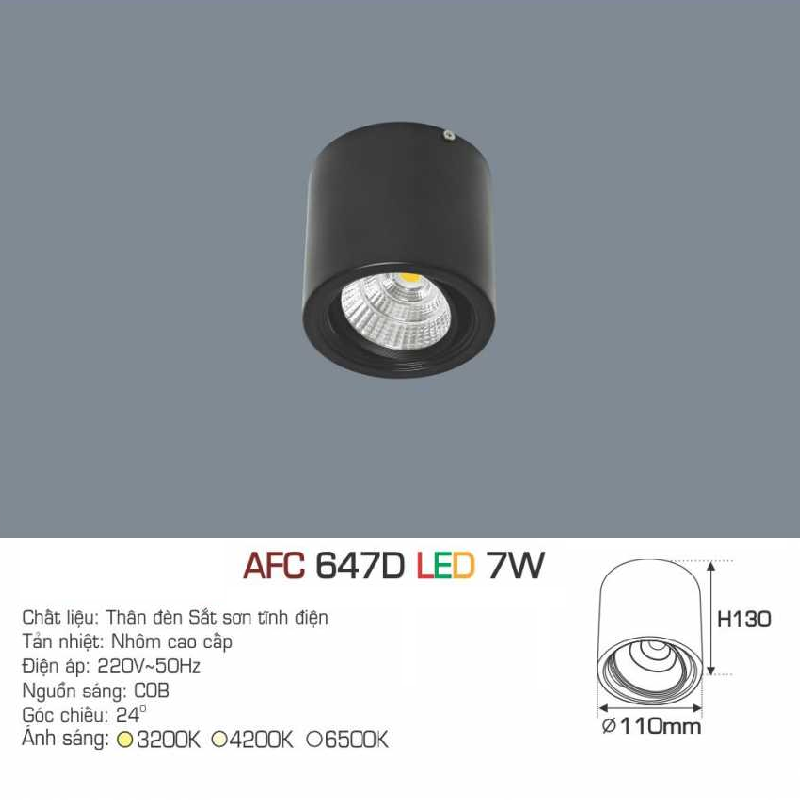 AFC 647D LED 7W: Đèn lon LED chiếu điểm gắn nổi  7W - KT: Ø110mm x H130mm - Ánh sáng Trắng/vàng/Trung tính
