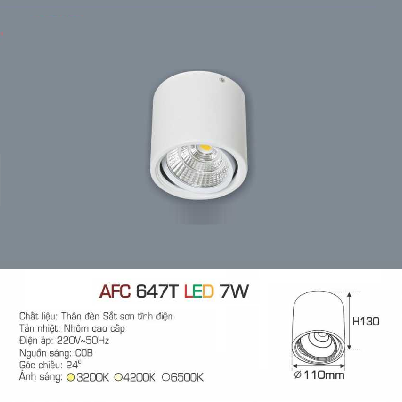 AFC 647 T LED 7W: Đèn lon LED chiếu điểm gắn nổi  7W - KT: Ø110mm x H130mm - Ánh sáng Trắng/vàng/Trung tính