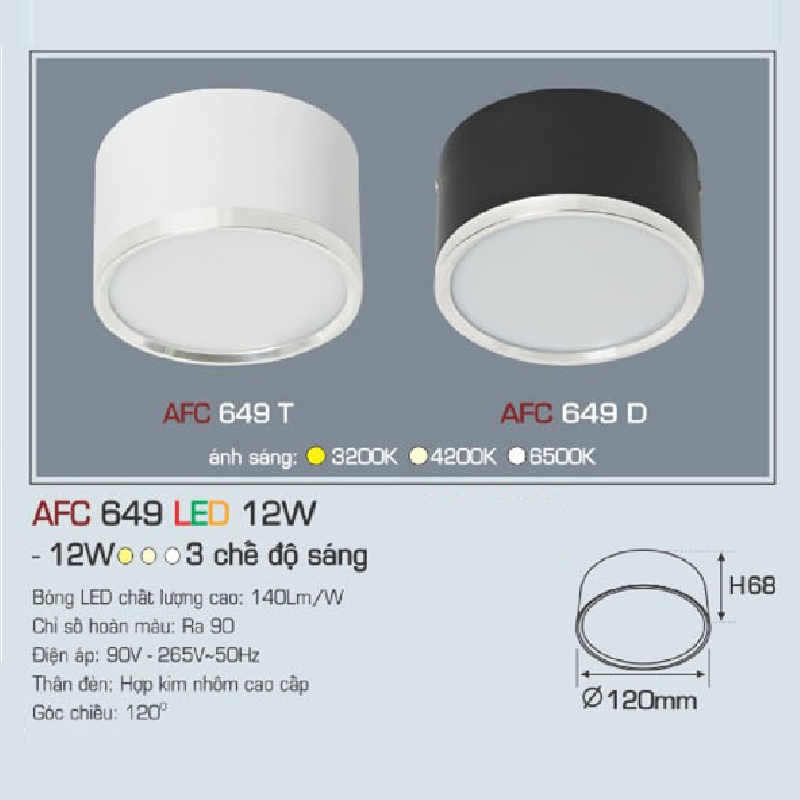 AFC 649 LED 12W: Đèn lon gắn nổi LED 12W, 1 chế độ ánh sáng ( vàng/trung tính/trắng)