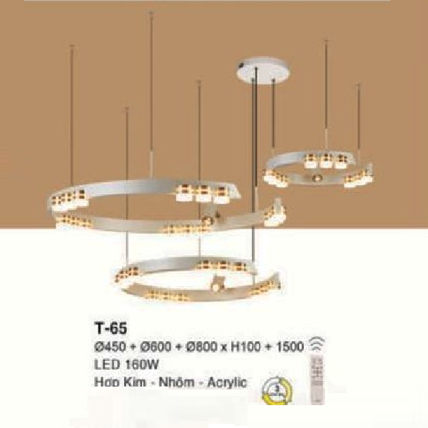 E - T - 65: Đèn thả 3 vòng LED gắn rời - KT: Ø(450 +600+800)mm x  H100mm ( chiều cao thanh LED)  x H1500mm - Đèn LED 160W - Ánh sáng đổi 3 màu