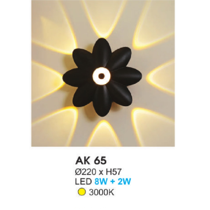 AK - 65: Đèn LED gắn tường ngoài trời - KT: Ø220mm x H57mm - Đèn LED 8W + 2W ánh sáng vàng 3000K