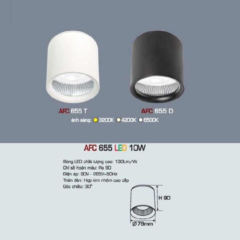 AFC 655 LED 10W: Đèn  lon LED chiếu điểm gắn nổi 10W ( Vỏ đen/trắng) - KT: Ø78mm x H90mm  -  Ánh sáng vàng/trung tính/trắng