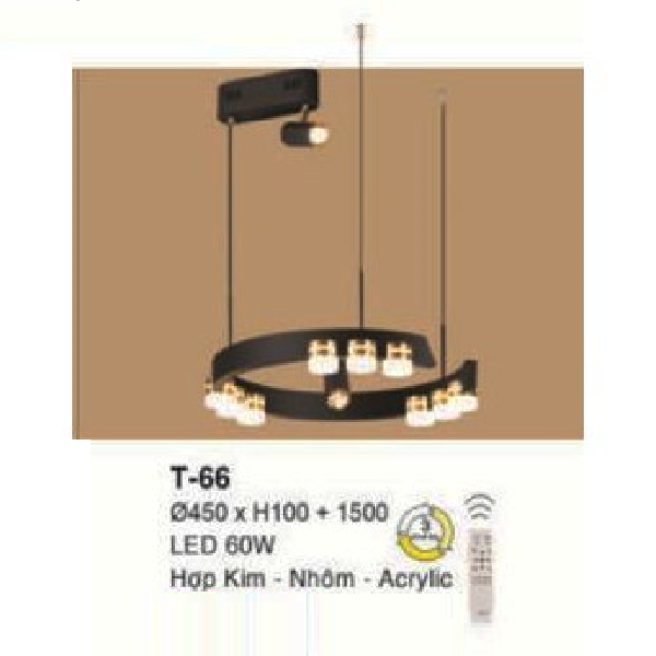 E - T - 66: Đèn thả 1 vòng LED gắn rời - KT: Ø450mm x H100mm ( chiều cao thanh LED)  x H1500mm - Đèn LED 60W - Ánh sáng đổi 3 màu