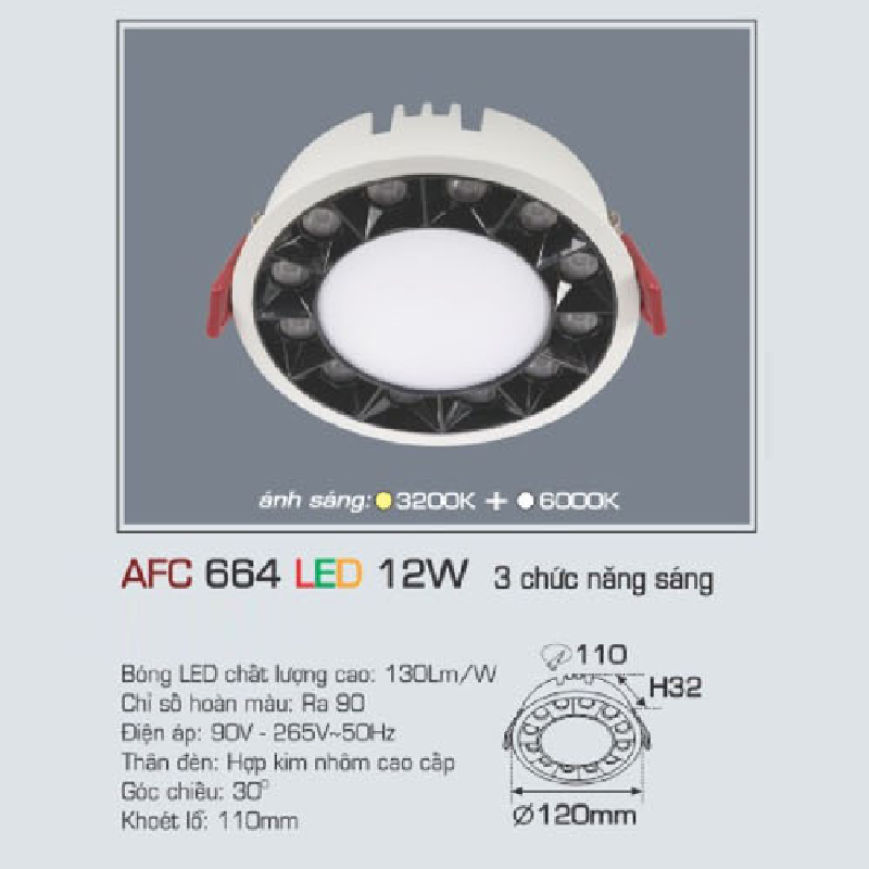 AFC 664 LED 12W: Đèn LED âm trần 12 W, 3 chức năng ánh sáng