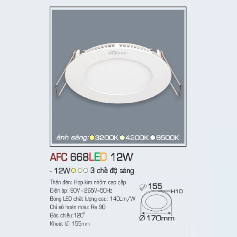 AFC 668 LED 12W: Đèn LED âm trần siêu mỏng 12W, 1 chế độ ánh sáng ( trắng/vàng/trung tính)