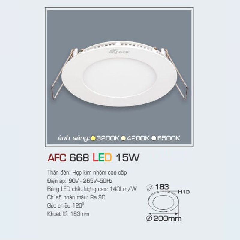 AFC 668 LED 15W: Đèn LED âm trần siêu mỏng 15W, 1 chế độ ánh sáng (trắng/vàng/trung tính)