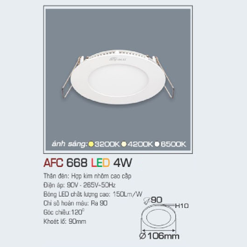 AFC 668 LED 4W: Đèn LED âm trần siêu mỏng 4w, 1 chế độ ánh sáng (vàng/trung tính/trắng)