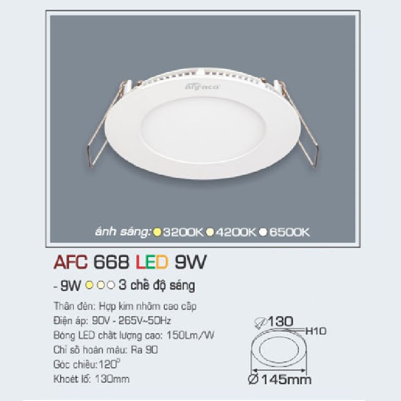 AFC 668 LED 9W: Đèn LED âm trần siêu mỏng 9W, 1 chế độ ánh sáng (trắng/vàng/trung tính)