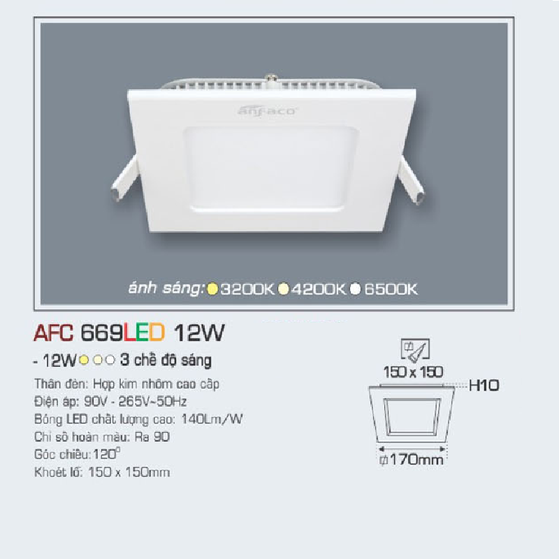 AFC 669 LED 12W: Đèn LED vuông âm trần siêu mỏng 12W,  1 chế độ ánh sáng (vàng/trung tính/trắng)