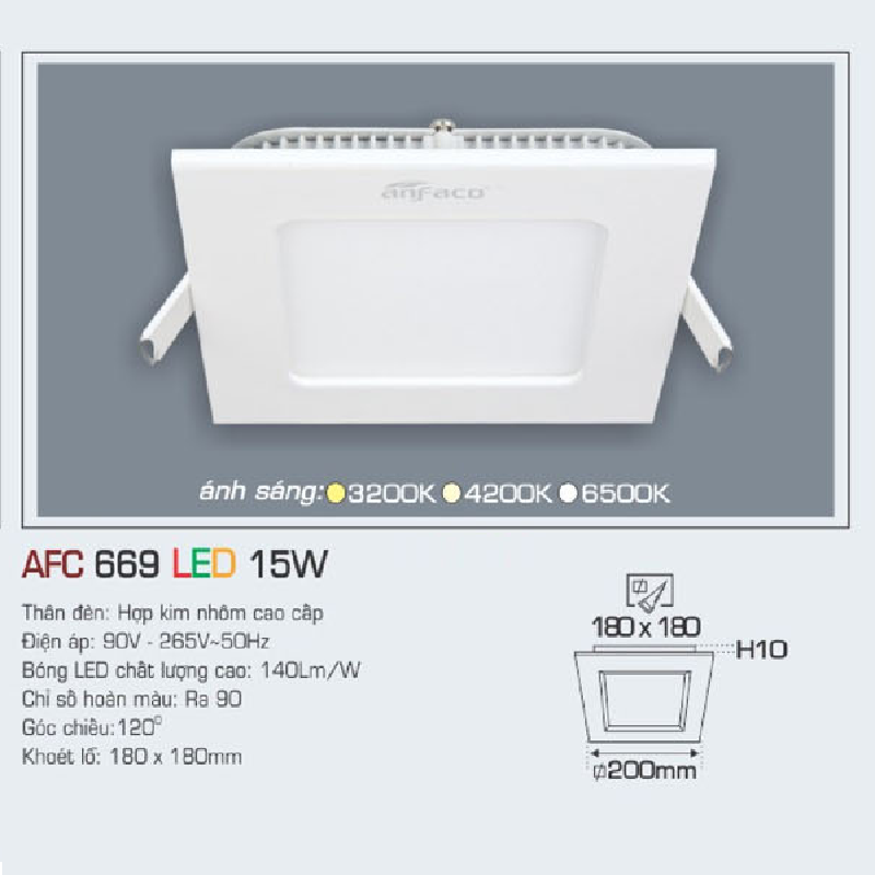 AFC 669 LED 15W: Đèn LED vuông âm trần siêu mỏng 15W  1 chế độ ánh  sáng (vàng/trung tính/trắng)