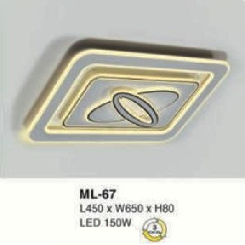 E - ML - 67: Đèn áp trần vuông LED Mica  - KT: L650mm x W450mm x H80mm - Đèn LED 150W đổi 3 màu