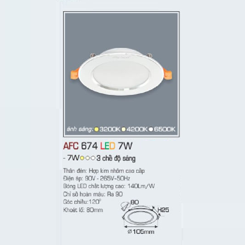 AFC 674 LED 7W: Đèn LED âm trần siêu mỏng 7W, 1 chế độ ánh sáng (vàng/trung tính/trắng)