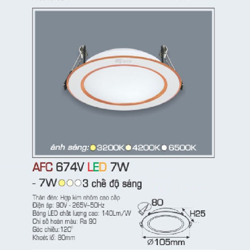 AFC 674V LED 7W: Đèn LED âm trần siêu mỏng viền vàng 7W , 1 chế độ ánh sáng (vàng/trung tính/trắng)