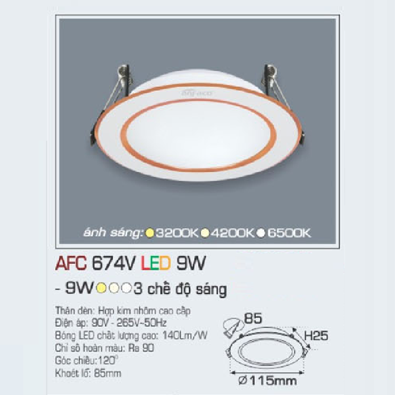 AFC 674V LED 9W: Đèn LED âm trần siêu mỏng viền vàng 9W, 1 chế độ ánh sáng (vàng/trung tính/ trắng)