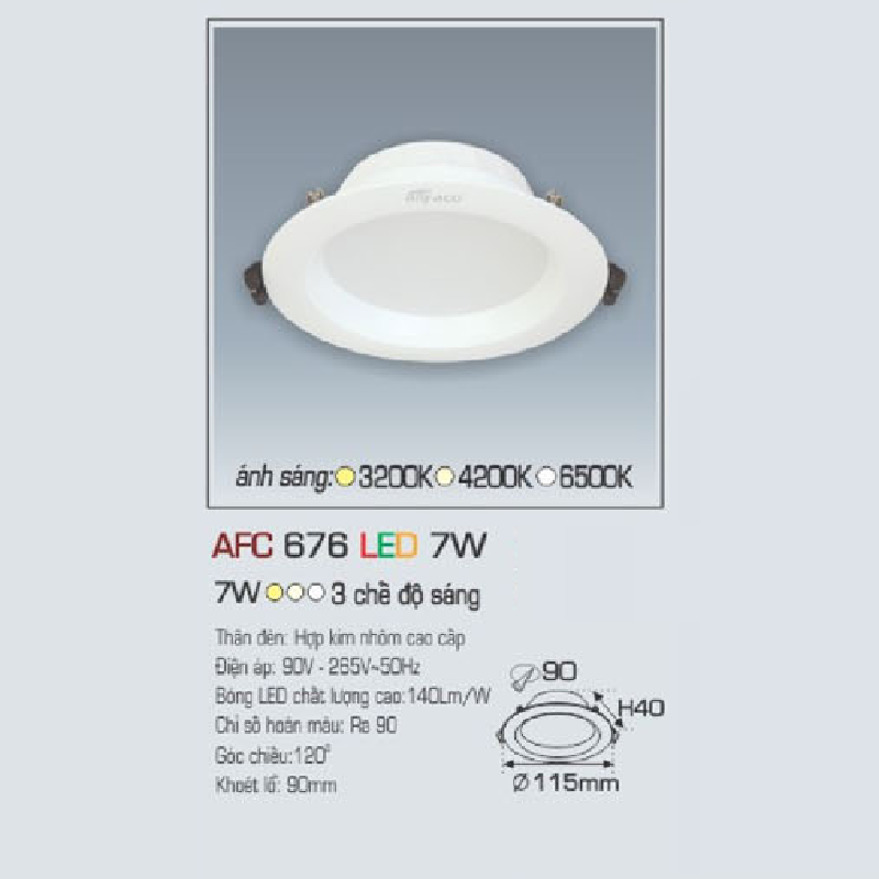 AFC 676 LED 7W: Đèn LED âm trần 7W, 1 chế độ ánh sáng (vàng/trung tính/trắng)