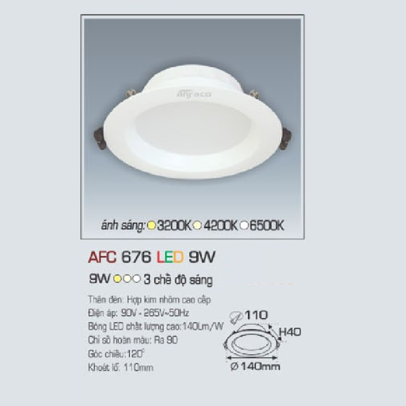 AFC 676 LED 9W: Đèn LED âm trần 9W, 1 chế độ ánh sáng (vàng/trung tính/trắng)