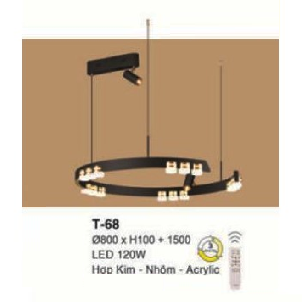 E - T - 68: Đèn thả 1 vòng LED - KT: Ø800mm x  H100mm ( chiều cao thanh LED)  x H1500mm - Đèn LED 120W - Ánh sáng đổi 3 màu