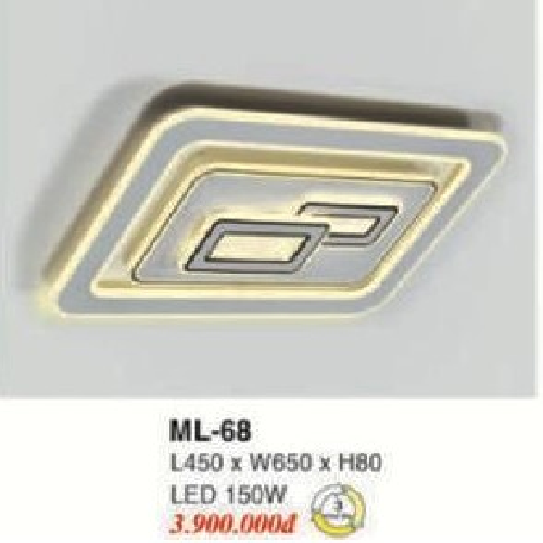 E - ML - 68: Đèn áp trần vuông LED Mica  - KT: L650mm x W450mm x H80mm - Đèn LED 150W đổi 3 màu