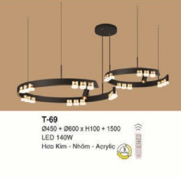 E - T - 69: Đèn thả 2 vòng LED gắn rời - KT: Ø(450 +600)mm x  H100mm ( chiều cao thanh LED)  x H1500mm - Đèn LED 140W - Ánh sáng đổi 3 màu