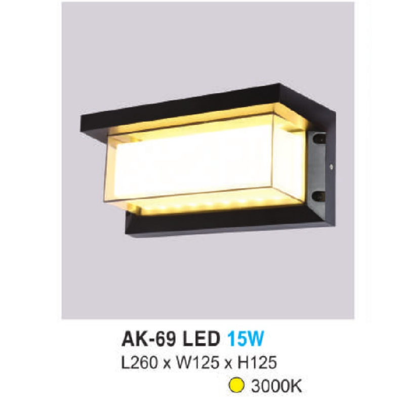 AK -69: Đèn LED gắn tường ngoài trời - KT: L260mm x W125mm x H125mm - Đèn LED ánh sáng vàng 3000K