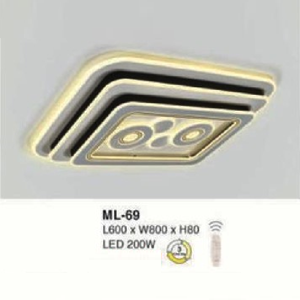 E - ML - 69: Đèn áp trần vuông LED Mica  - KT: L800mm x W600mm x H80mm - Đèn LED 200W đổi 3 màu