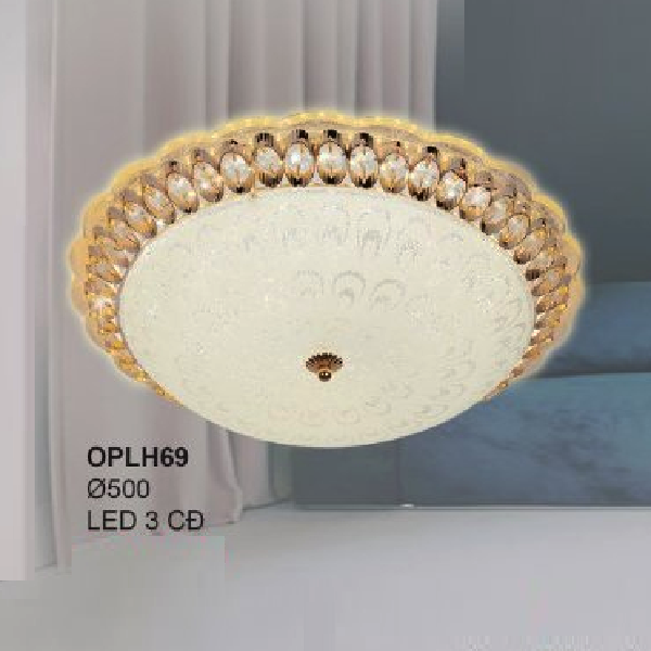 35 - OPLH69: Đèn ốp trần LED chao thủy tinh - KT: Ø500mm - Đèn LED đổi 3 màu