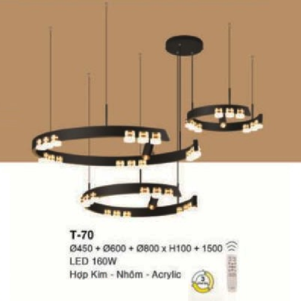 E - T - 70: Đèn thả 3 vòng LED gắn rời - KT: Ø(450 +600+800)mm x  H100mm ( chiều cao thanh LED)  x H1500mm - Đèn LED 160W - Ánh sáng đổi 3 màu