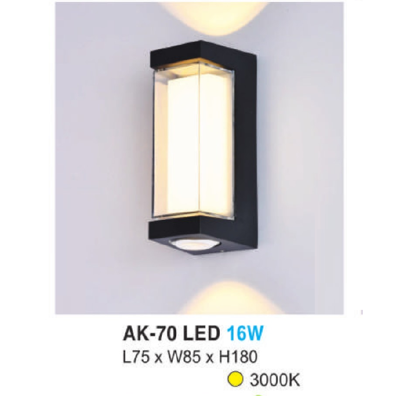 AK  - 70: Đèn LED gắn tường ngoài trời - KT: L75mm x W85mm x H180mm - Đèn LED ánh sáng vàng 3000K