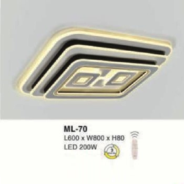 E - ML - 70: Đèn áp trần vuông LED Mica  - KT: L800mm x W600mm x H80mm - Đèn LED 200W đổi 3 màu