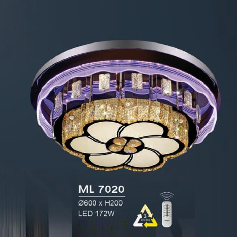 HF - ML 7020: Đèn áp trần LED - KT: Ø600mm x H200mm - Đèn LED 172W đổi 3 màu - Remote