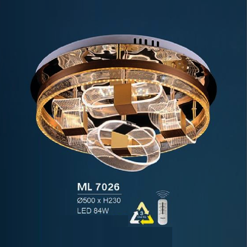 HF - ML 7026: Đèn áp trần LED - KT: Ø500mm x H230mm - Đèn LED 84W đổi 3 màu - Remote