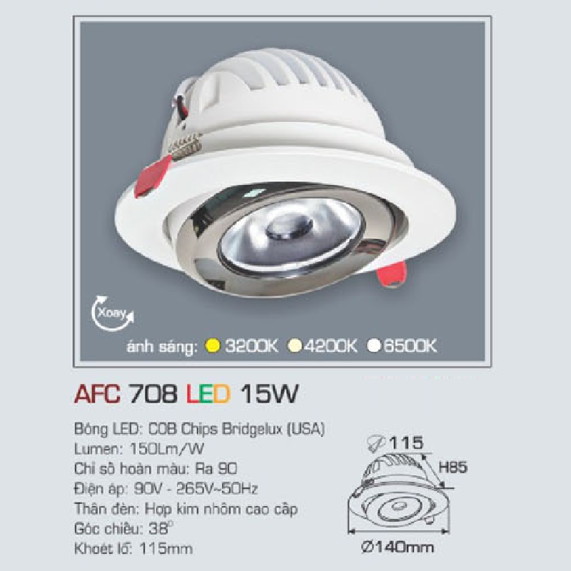 AFC 708 LED 15W: Đèn LED âm trần  xoay góc 15W, 1 chế độ ánh sáng (vàng /trung tính/trắng)