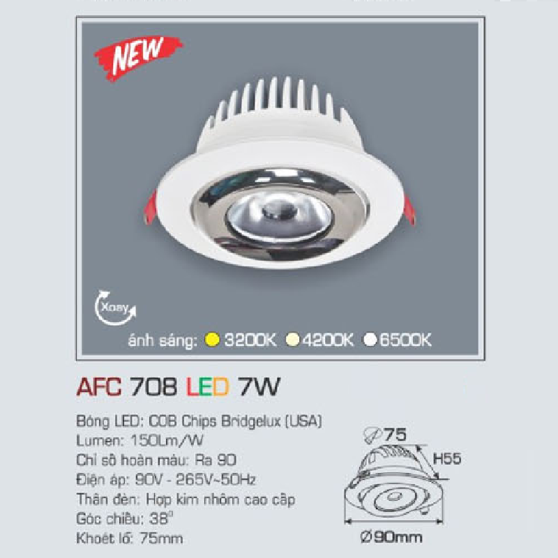 AFC 708 LED 7W: Đèn LED âm trần xoay góc 7W, 1 chế độ ánh sáng (vàng /trung tính/trắng)