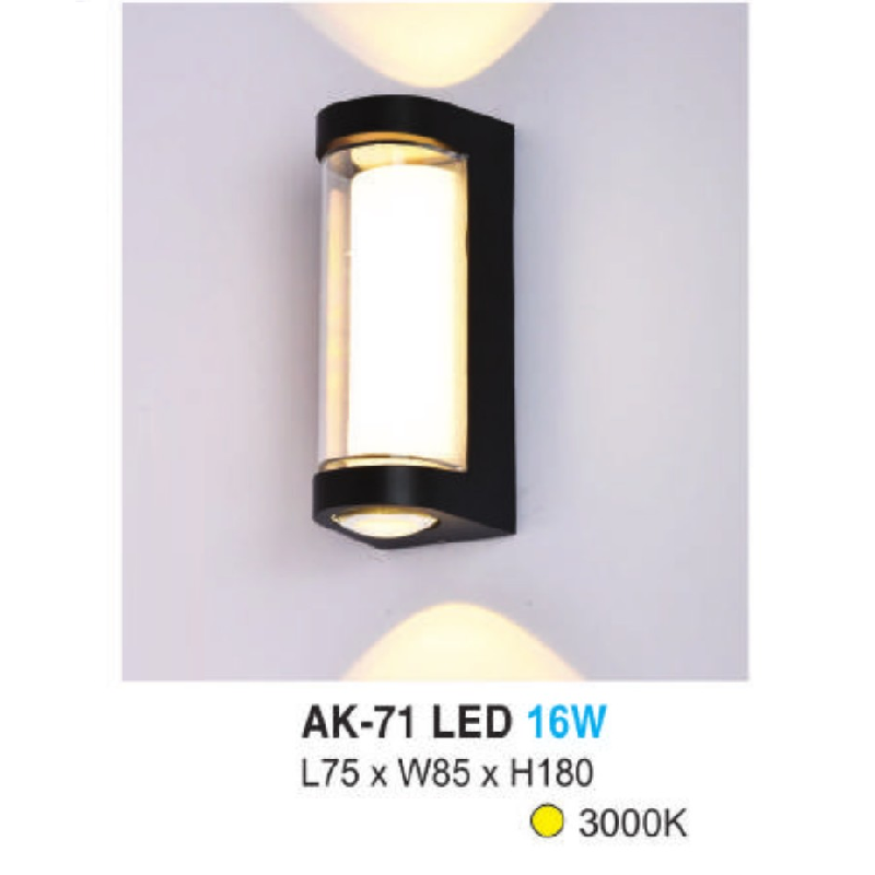 AK  - 71: Đèn LED gắn tường ngoài trời - KT: L75mm x W85mm x H180mm - Đèn LED ánh sáng vàng 3000K