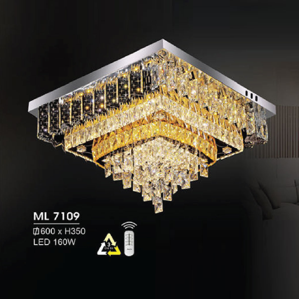 HF - ML 7109: Đèn áp trần vuông LED  -  KT: 600mm x 600mm x H350mm - Đèn LED 160W đổi 3 màu