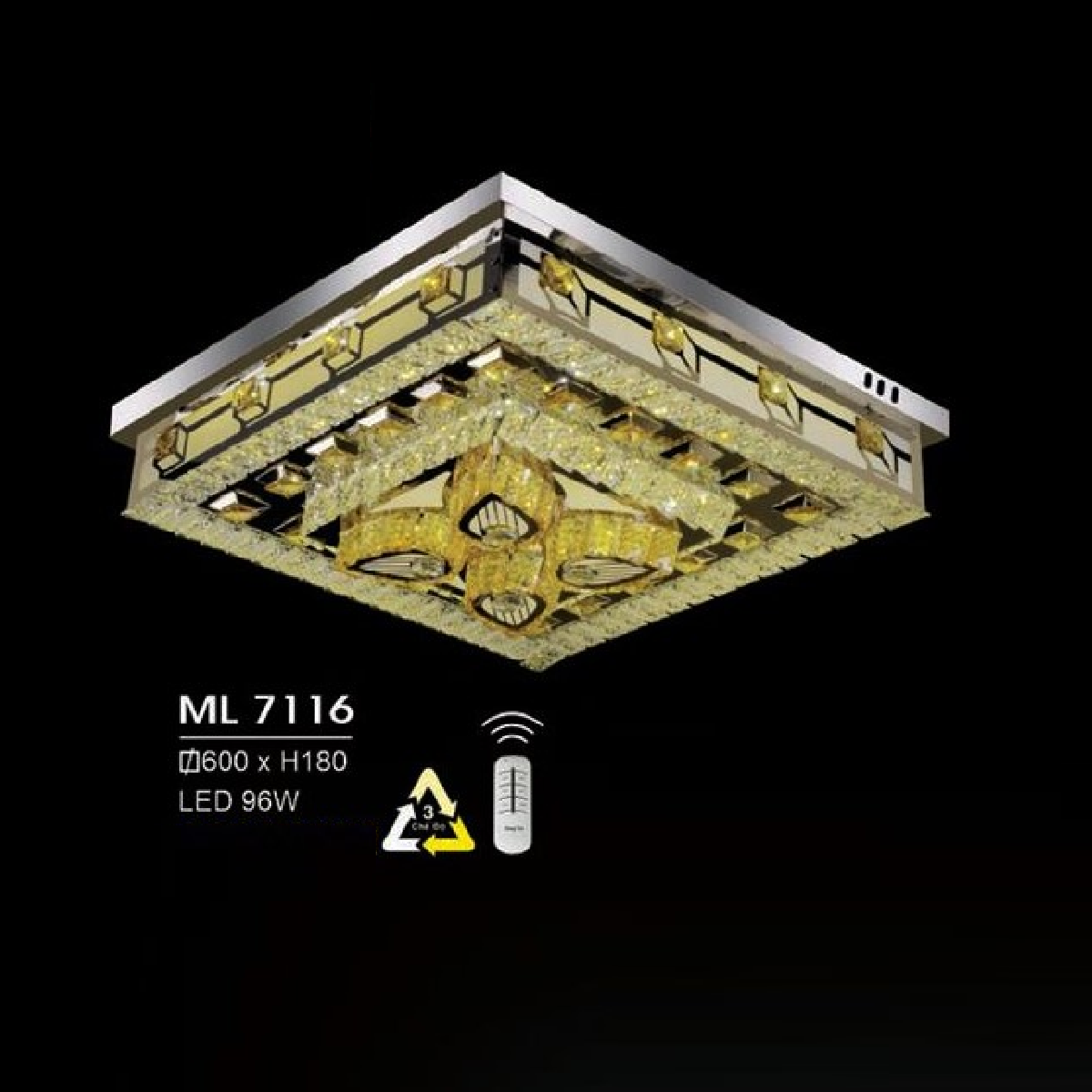 HF - ML 7116: Đèn áp trần vuông LED - KT: L600mm x W600mm x H180mm - Đèn LED 96W đổi 3 màu - Remote