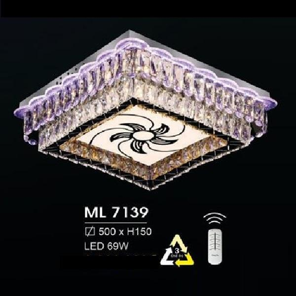 HF - ML 7139: Đèn áp trần LED - KT: L500mm x W500mm  x H150mm - Đèn LED 69W đổi 3 màu - Remote